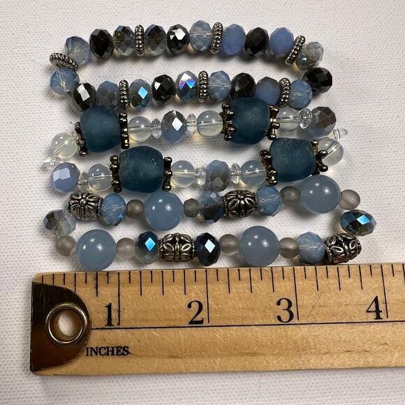 Handmade Beaded Bracelet Trio Ocean Blues Sea Glass Metals Multi Size Beads - Picture 4 of 6